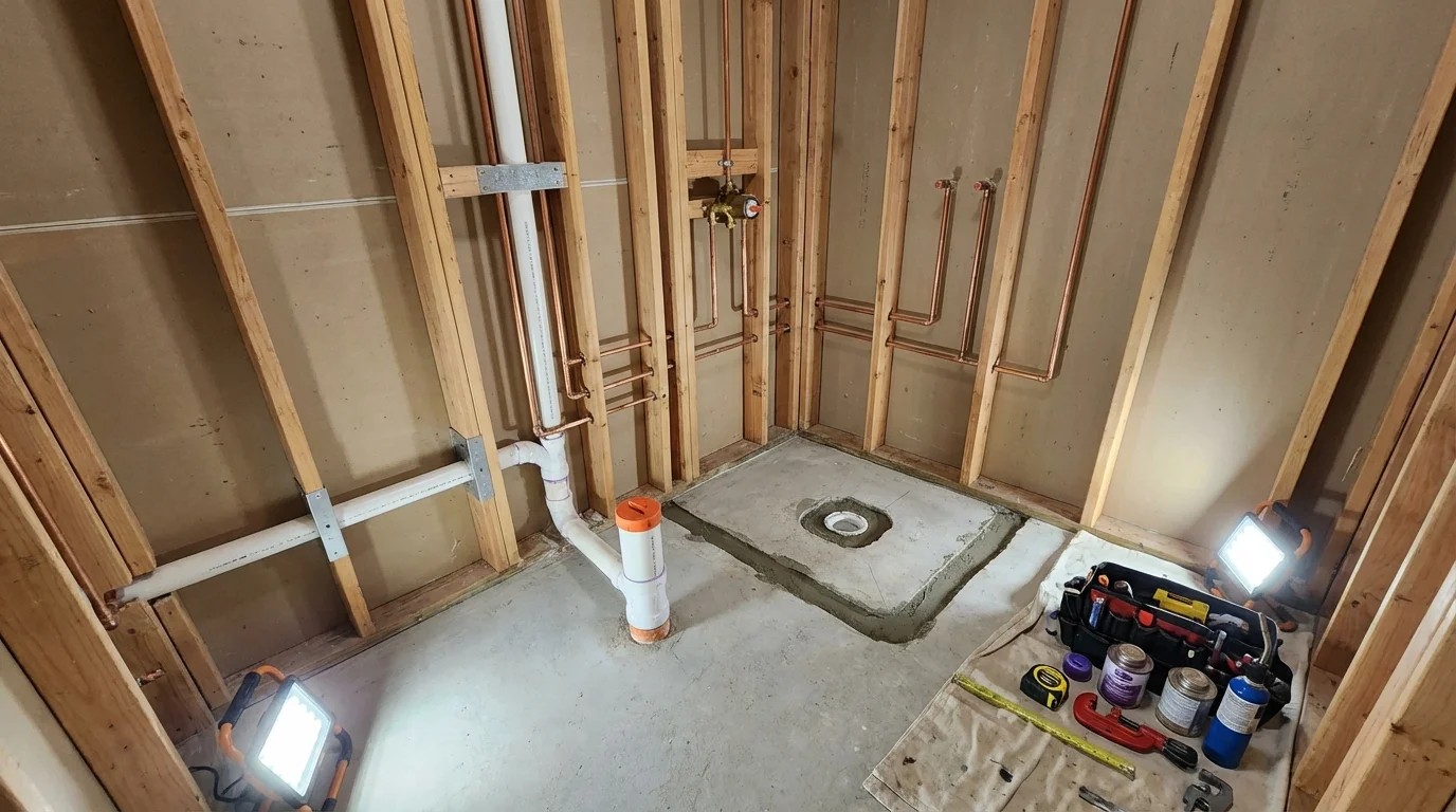 Bathroom rough-in plumbing during remodel by Johns Plumbing LLC in West Simsbury