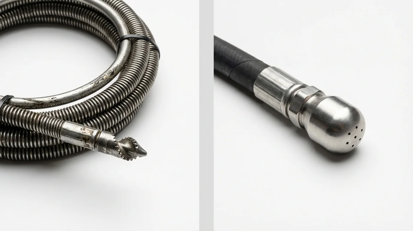 Drain snake cable and hydro jetting nozzle used for drain cleaning in West Simsbury, CT
