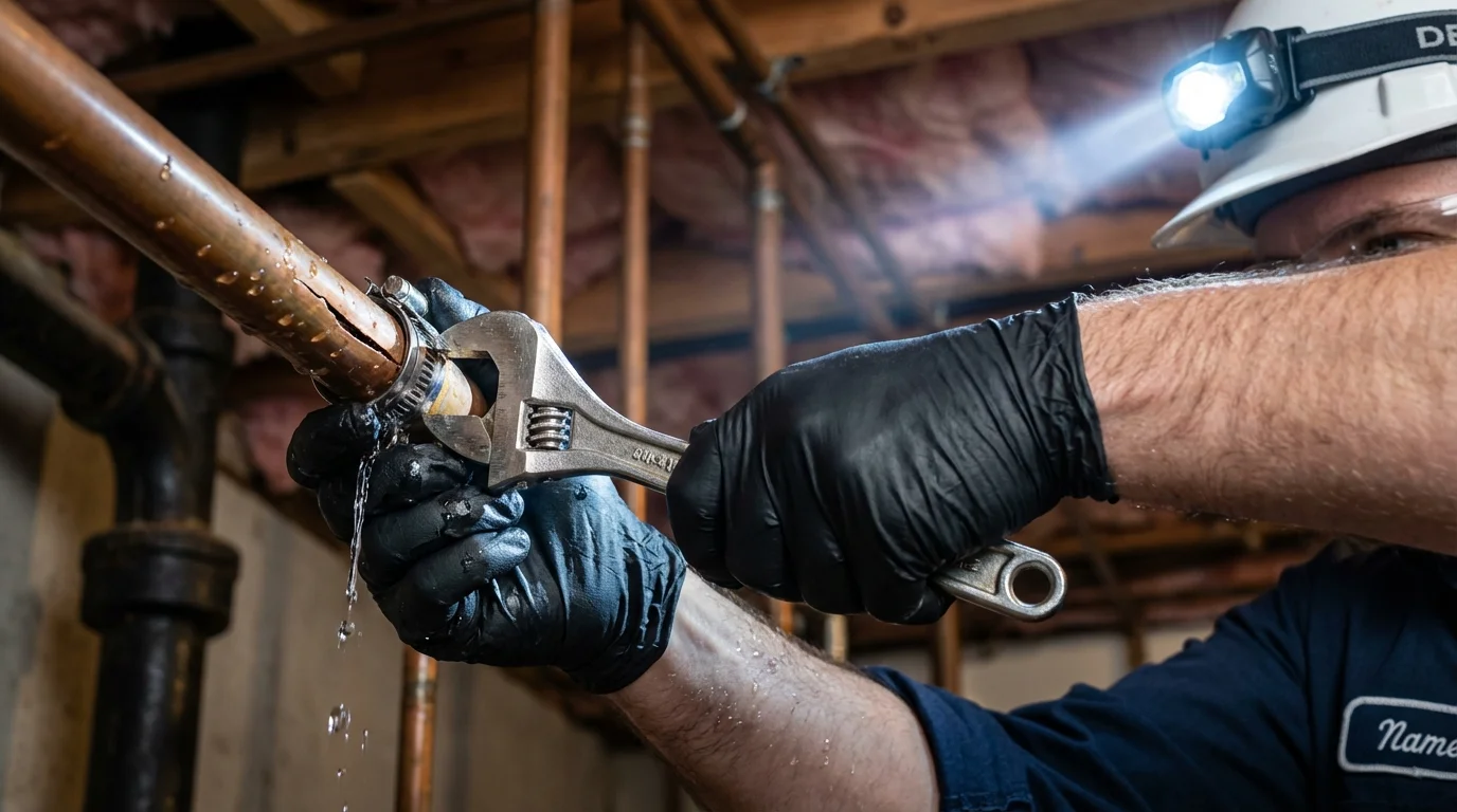 Emergency pipe clamp repair being performed by a Johns Plumbing LLC plumber in West Simsbury