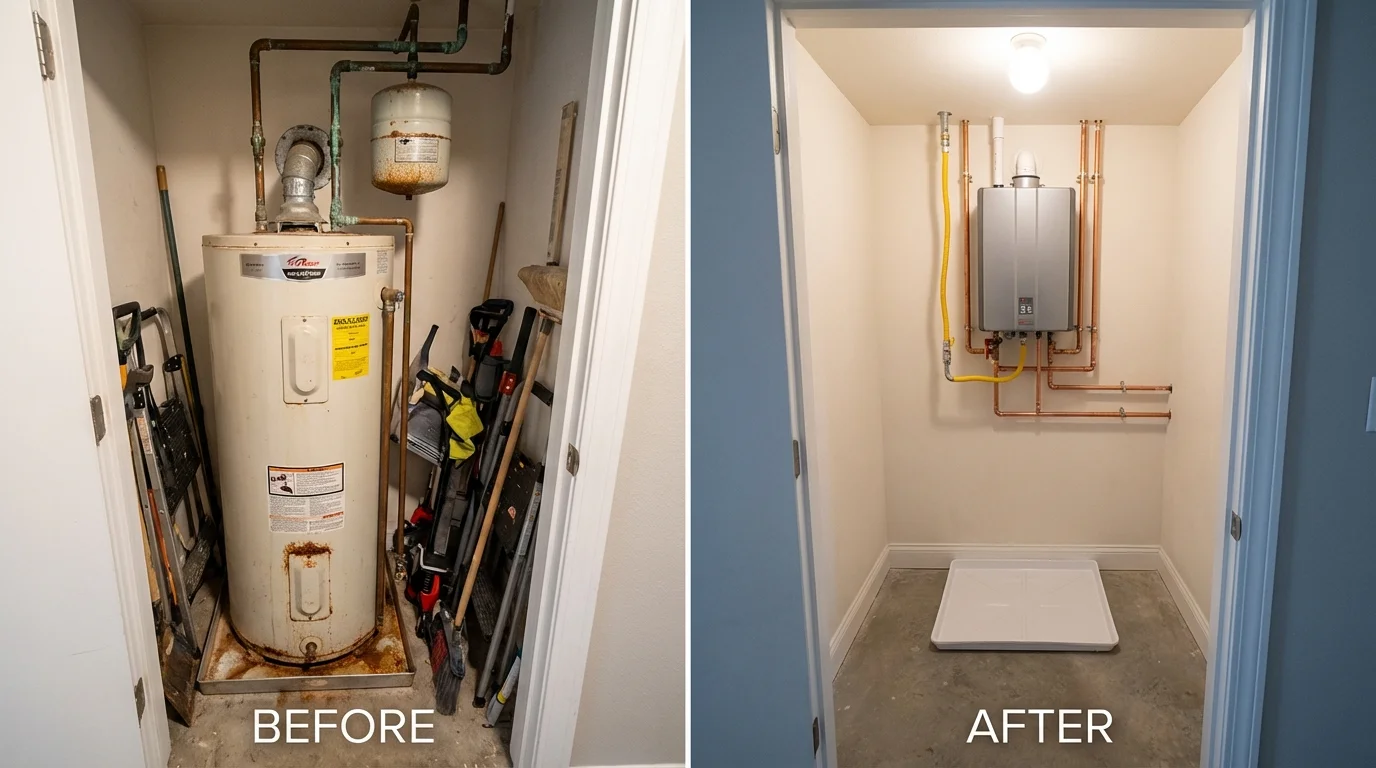 Tank water heater versus wall-mounted tankless unit comparison for West Simsbury, CT homeowners