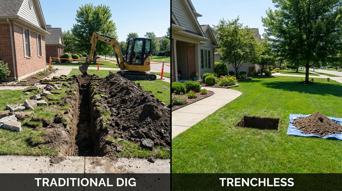 Trenchless sewer repair with minimal yard damage versus traditional excavation in West Simsbury, CT