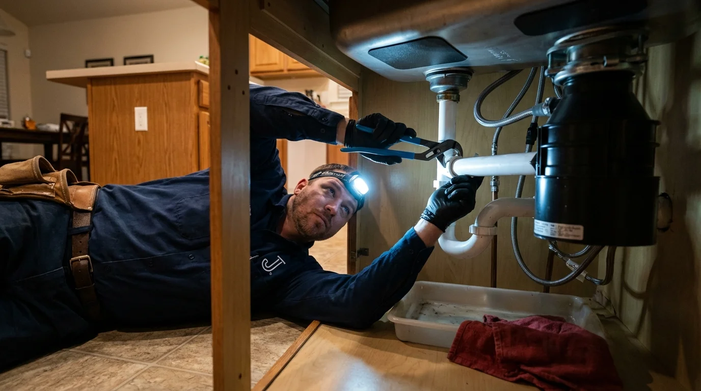 P-trap and supply line connections under a kitchen sink showing a common leak point in West Simsbury, CT